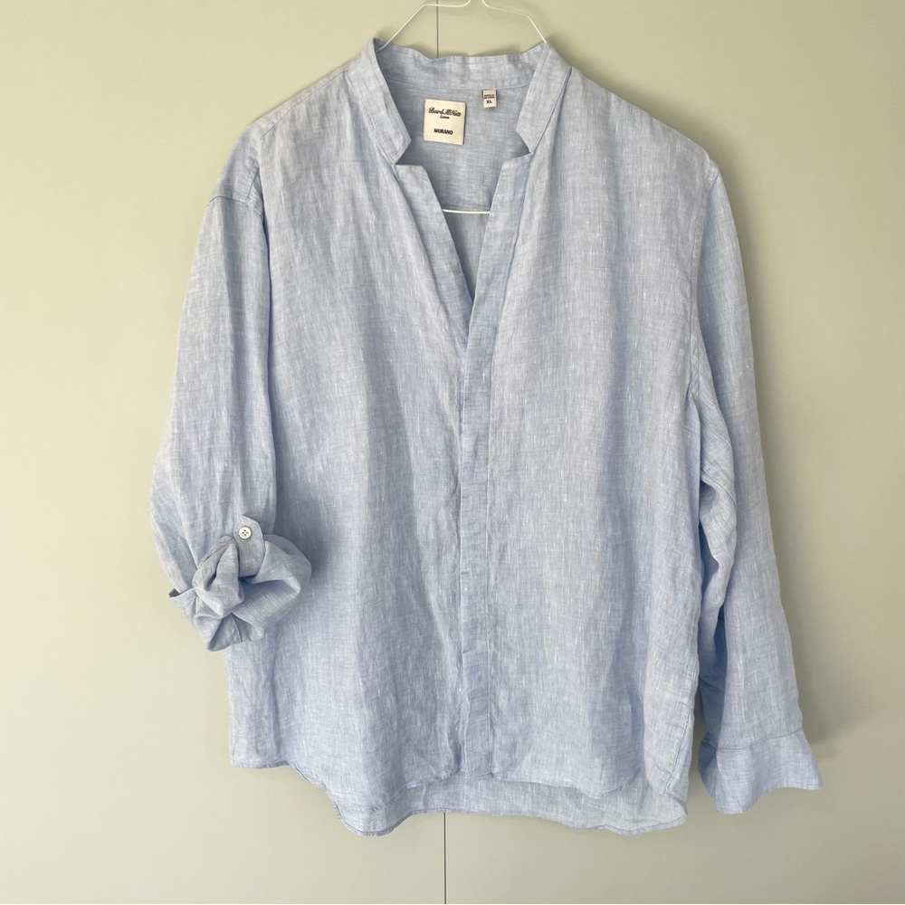 Murano Pale Blue Casual Linen Button-Up with Mandarin Collar
